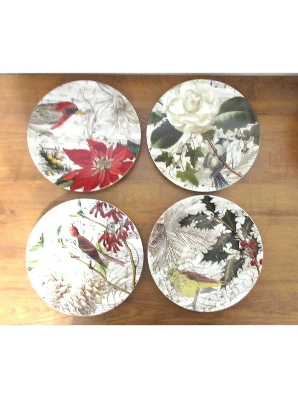 Pottery Barn Snow Bird Salad Plates Set of 4 Chickadee Winter Pine Pinecones 8